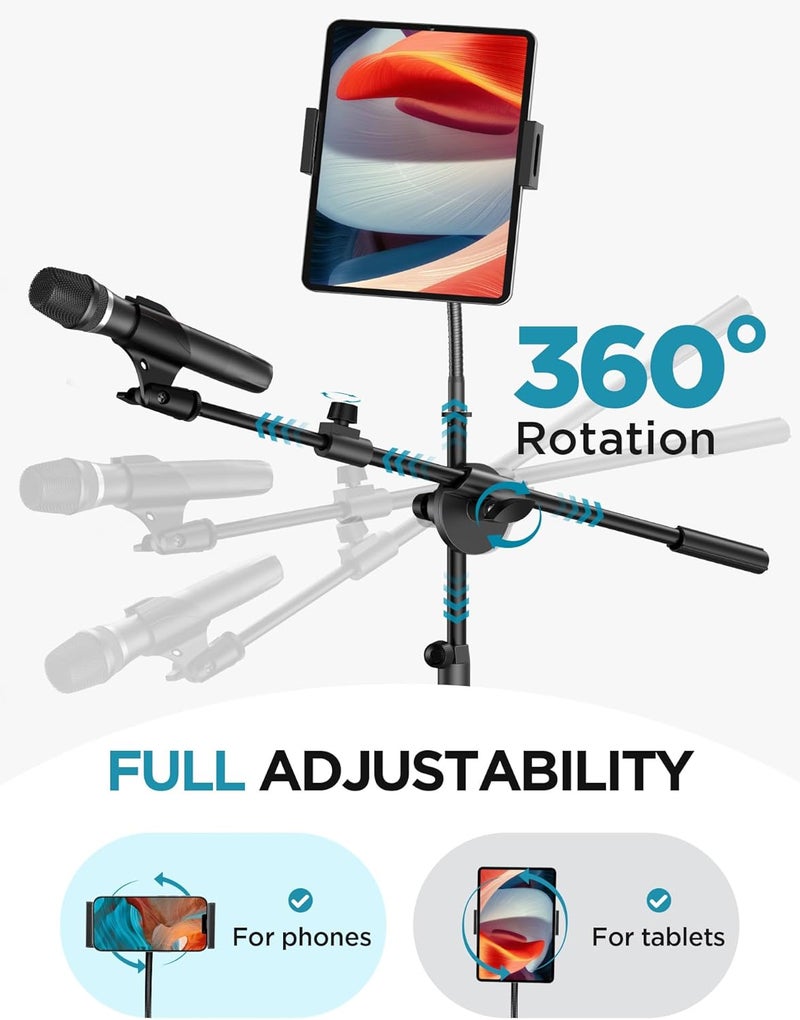 InnoGear حامل ميكروفون، 6 في 1 حامل ميكروفون أرضي مع حامل جهاز لوحي وهاتف قابل للتعديل من 30" إلى 72" حامل ميكروفون ثلاثي القوائم مع ذراع بوم وحقيبة حمل للغناء والكاريوكي على المسرح - Image 5